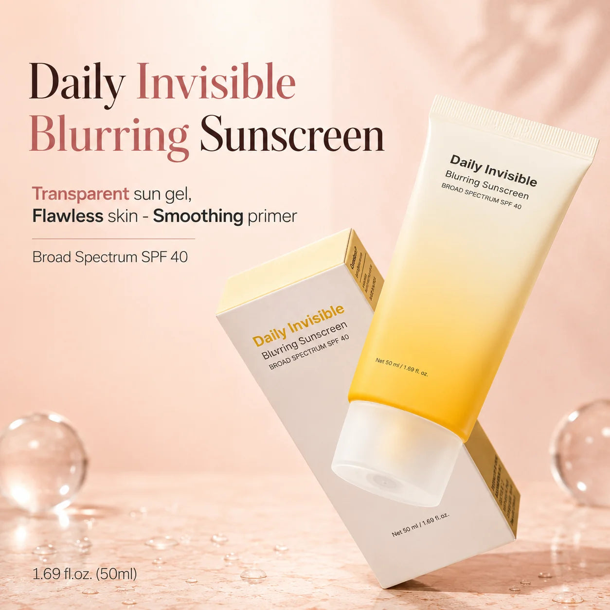 Daily invisible blurring sunscreen SPF 40 with transparent gel texture and smoothing primer finish