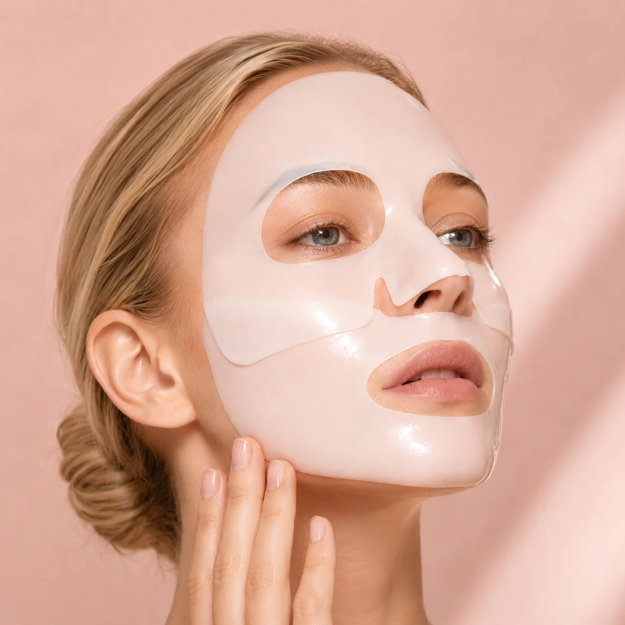 Woman wearing a collagen hydrogel face mask for deep hydration and glass-skin glow