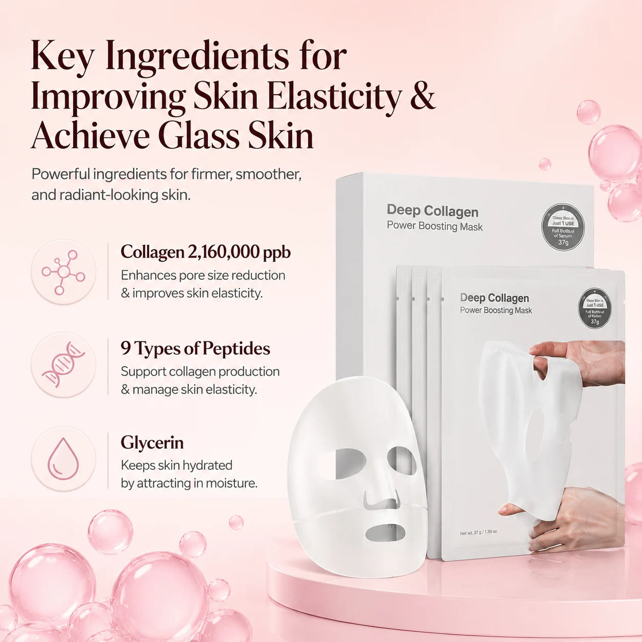 Collagen hydrogel face mask with peptides and glycerin for elasticity, hydration and glass-skin glow