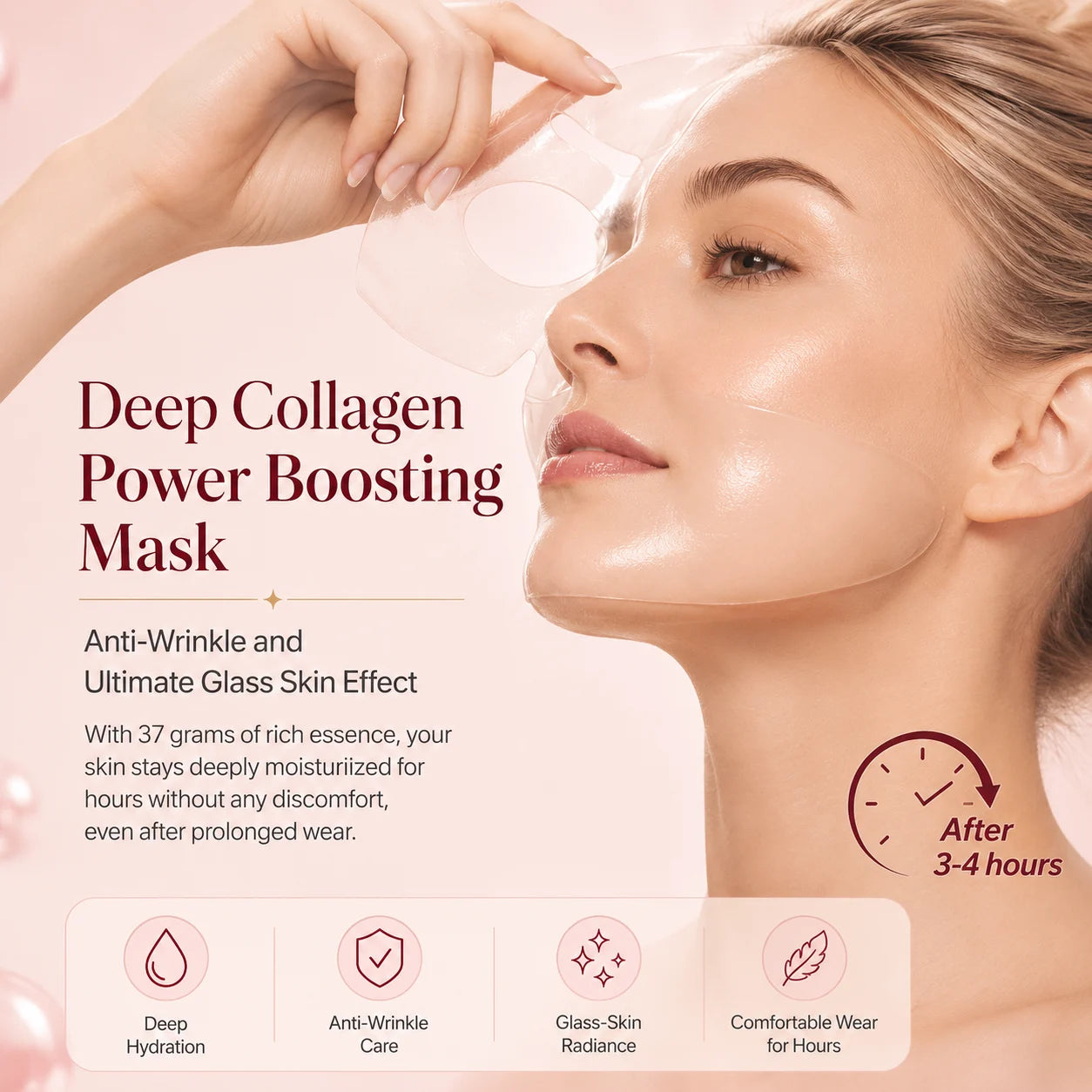 Deep collagen hydrogel mask applied to skin for anti-wrinkle care, hydration and glass-skin radiance
